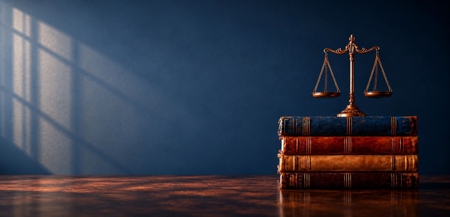 Brass scales of justice on a stack of four leather-bound law books, with soft sunlight through a window on the left against a dark navy wall